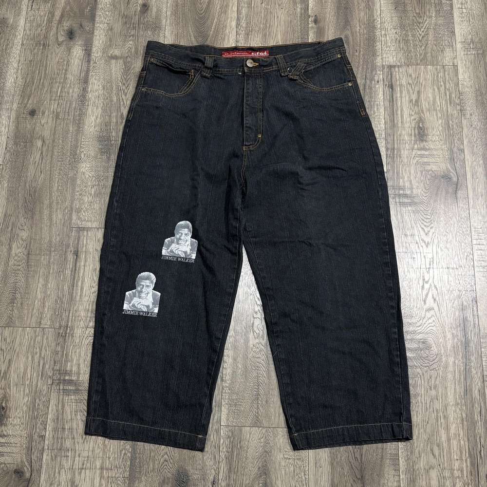 ReFeel Jeans Mens 42x32 Black Baggy Wide Leg Jimmie Walker Graphic Denim Pants